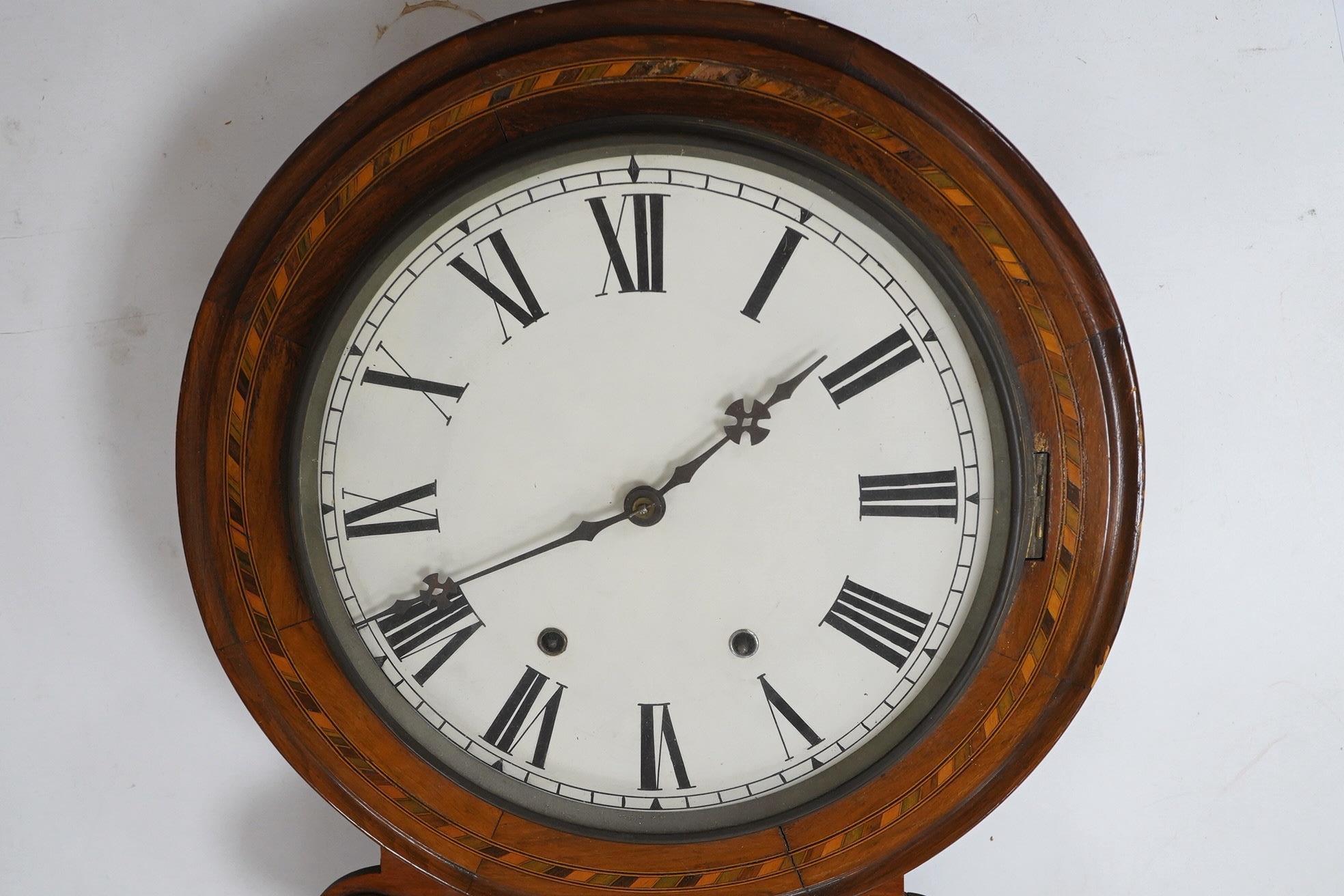 A Victorian parquetry inlaid wall clock with Arabic dial, 73cm high. Condition - fair to good
